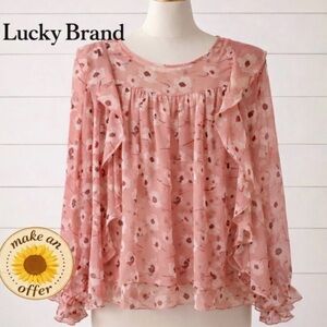 Lucky Brand  pink boho semi-sheer floral print top w. ruffle detailing. Sz L.